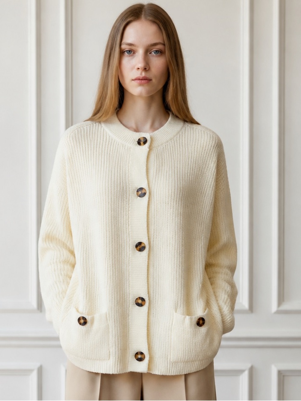 Women’s Cream Ribbed Button Cardigan Sweater - Picture 2 of 16
